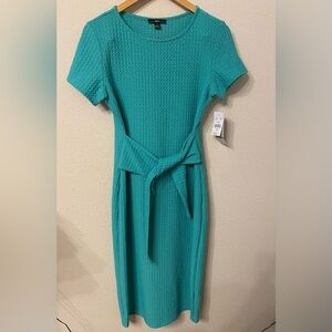 NWT R&K Teal Textured Midi Dress Short Sleeve Tie Waist Classic Fit Size S